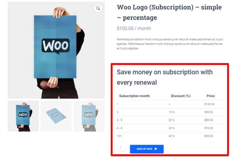 Percentage discount table on the product page