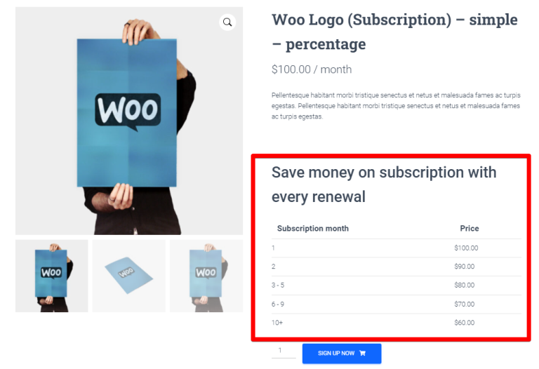 Fixed-price discount table on the product page