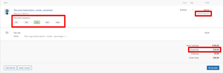 Discount displayed on the order page