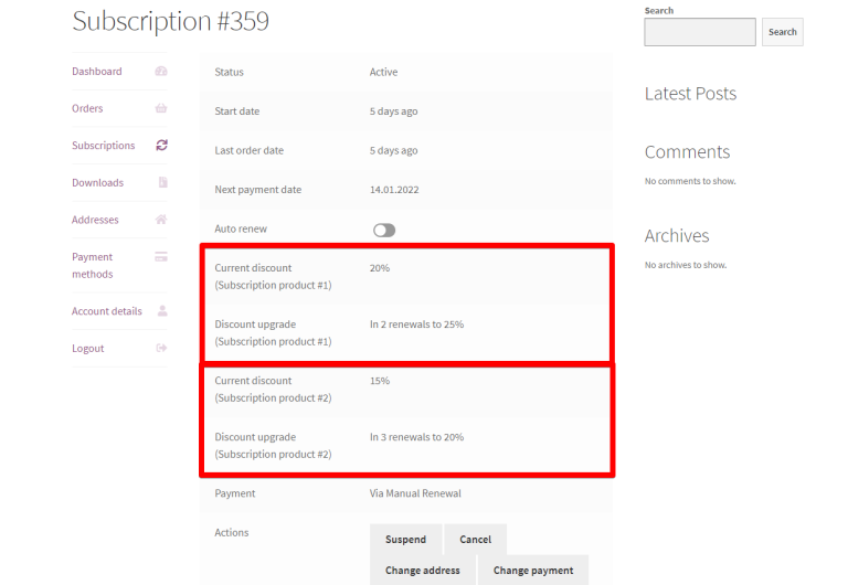 Current and upcoming discounts in the customer account