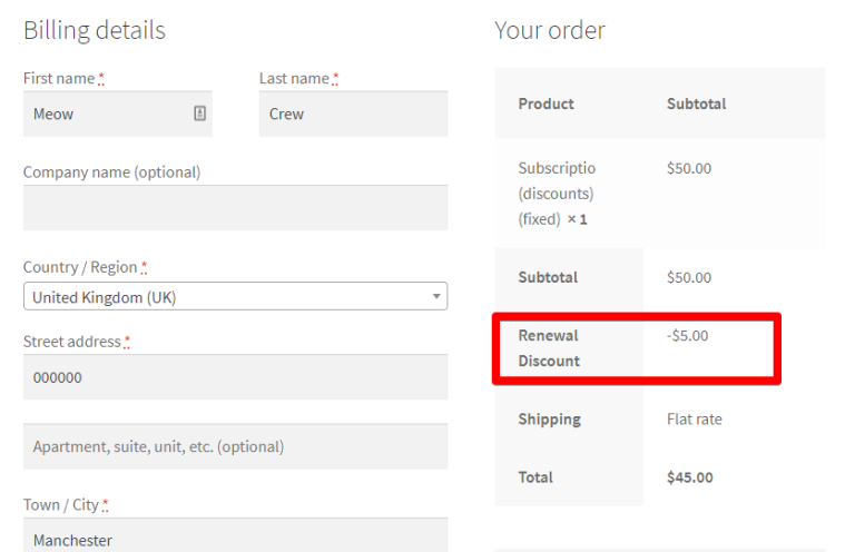 Renewal discount shown at checkout