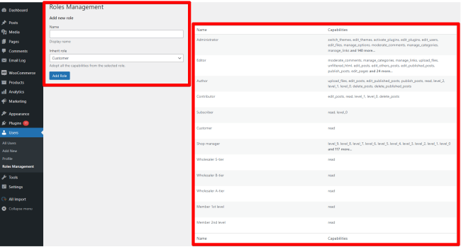 Roles Management screen under the Users menu