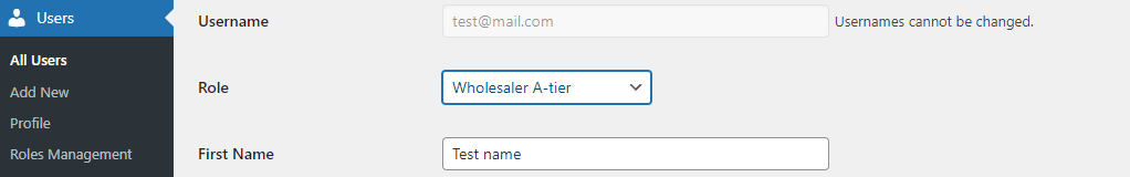 Assigning a role to a user on the user profile page