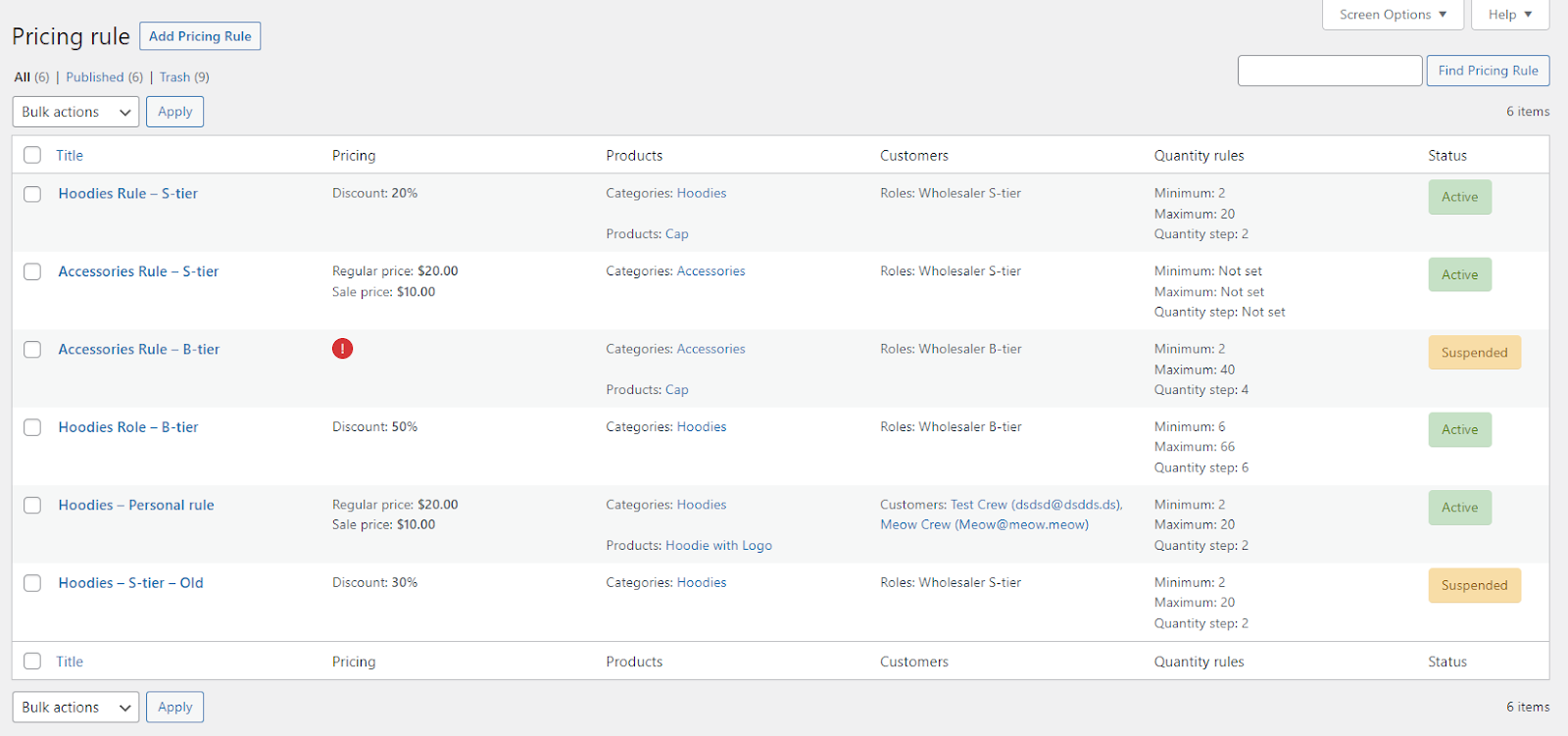 Pricing rules table in WooCommerce admin