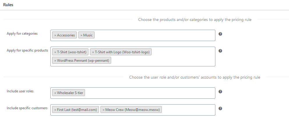 Selecting categories, products, user roles, and customers for a pricing rule