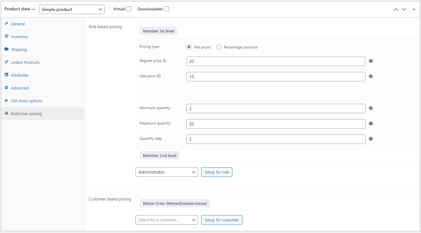 Role / User pricing tab in the product data metabox