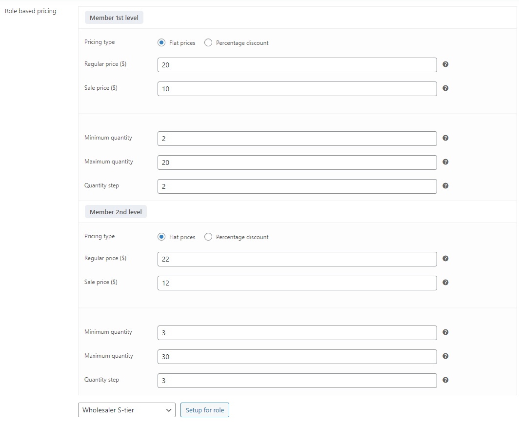Role-based pricing settings on the product level