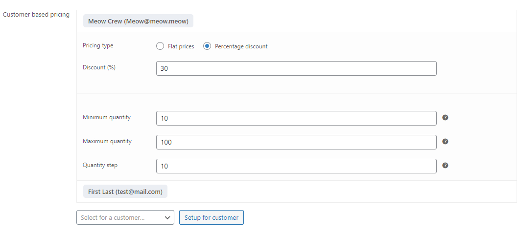 Customer-based pricing settings on the product level