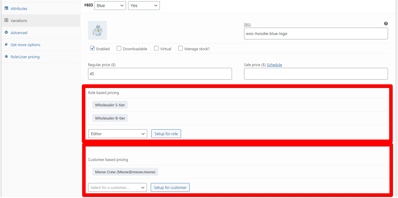 Role or Customer-based pricing metabox on a product variation
