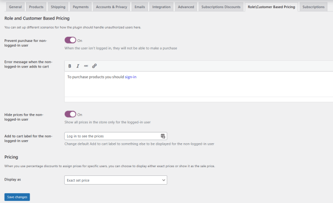 Role / Customer Based Pricing settings tab in WooCommerce settings