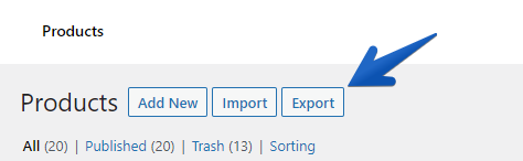 Export button on the All Products screen