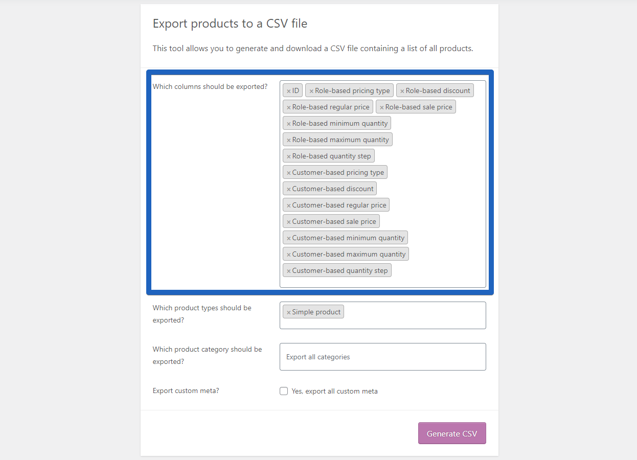 Selecting role-based pricing fields for export