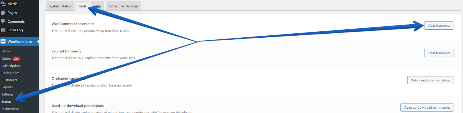 Clear transients tool in WooCommerce status tools