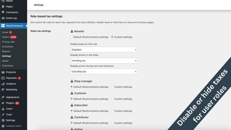 Taxes settings based on user role