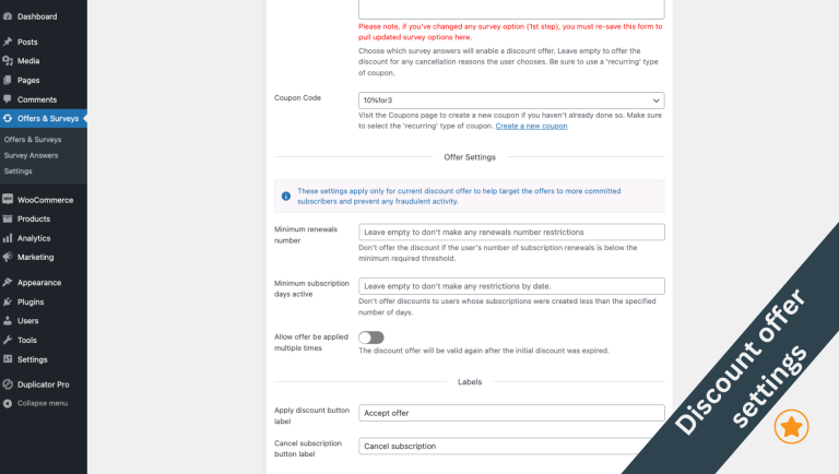 Select products and user roles for the current survey and offer